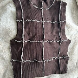 Brown Sleeveless Knit Top with White Stitching